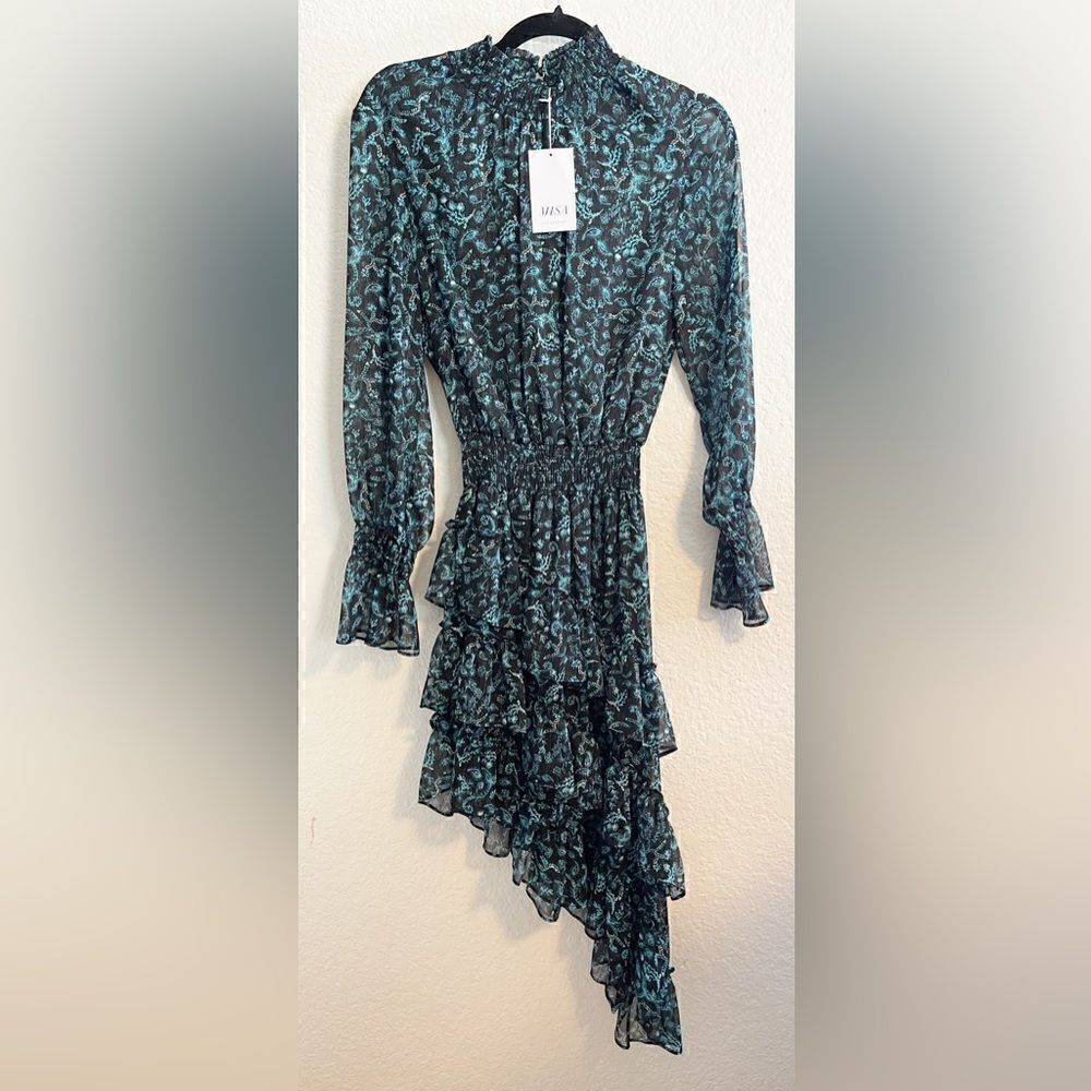 MISA Los Angeles "Savanna" floral Print Assymetrical Ruffle Hem Dress S NWT - Picture 2 of 9